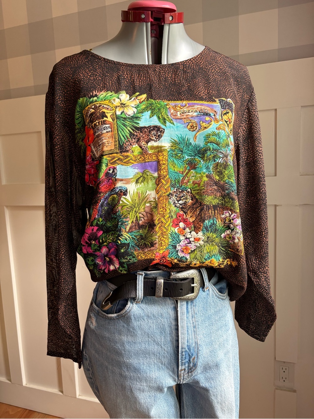 Carole Little Brown Jungle Motif Long Sleeve Blouse Size 4